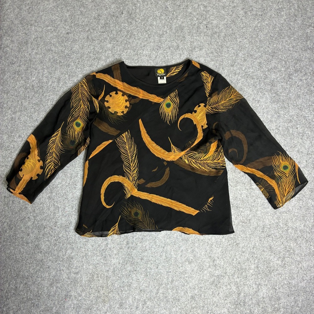 Anne Namba Women's Size Small Black Gold 100% Silk Peacock Feather Print Blouse